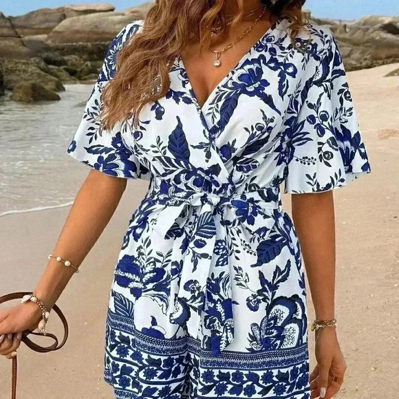 Multicolor Boho Womens Women's Plant Printed Jumpsuit - Picture 3 of 6